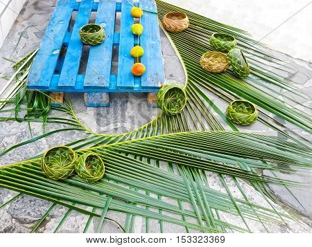 The Caribbean souvenirs - wicker vases of palm leaves - handmade work