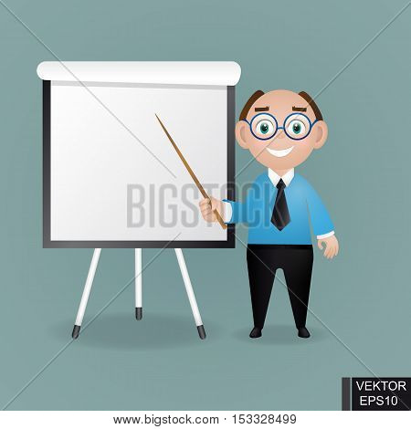 Businessman near the chart board. Indicates. Explains. Conducts Successful lecture guy. For your design.