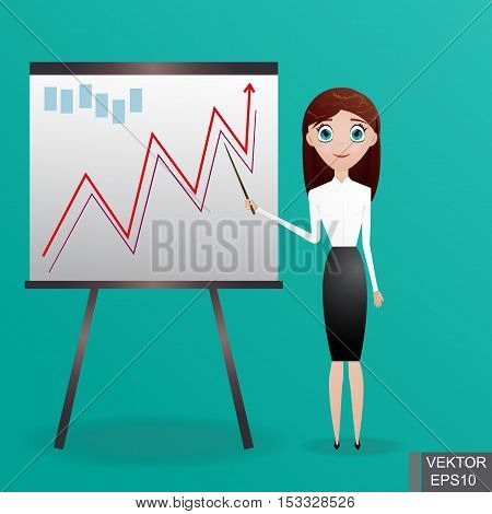 Business WOMAN next chart board. Indicates. Explains. Conducts Successful girl lecture. For your design.