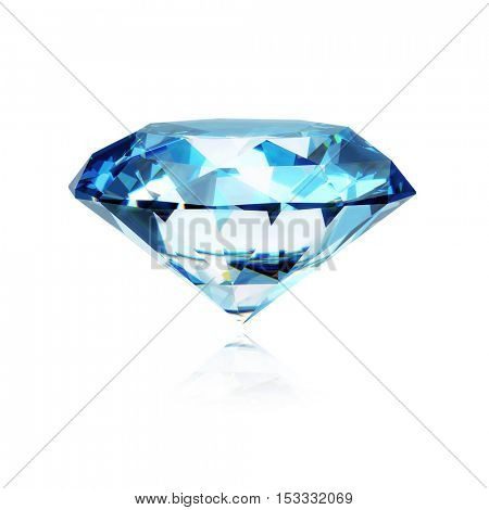 Blue realistic diamond isolated on white background with reflection - 3d diamond illustration