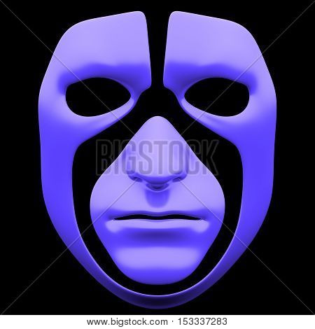 The mask isolated on black background. Mask front view isolated on black background. 3D illustration. 3D render glossy mask isolated on black background