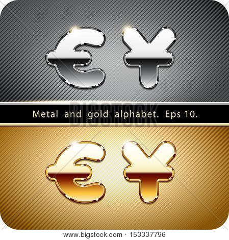 3d  set of chrome metal and gold vector alphabet. Currency symbols dollar and euro. Eps 10.