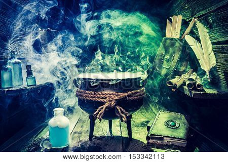 Vintage Witch Pot With Books And Blue Potions For Halloween
