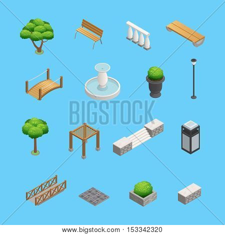 Landscaping isometric elements for garden and park design with plants trees and objects isolated on blue background vector illustration