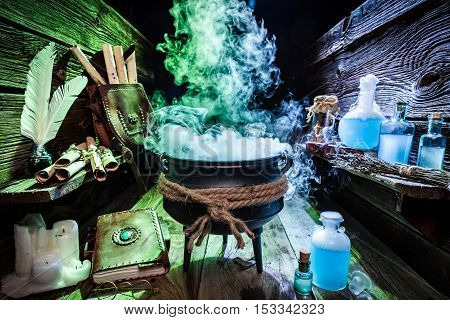 Mysterious Witcher Cauldron With Blue Potions And Books