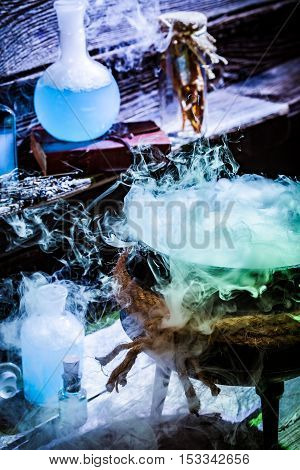 Full Of Magic Mixture Witcher Cauldron With Blue Potions For Halloween