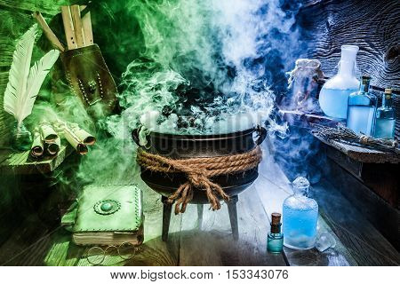 Old Witcher Cauldron With Blue And Green Smoke For Halloween