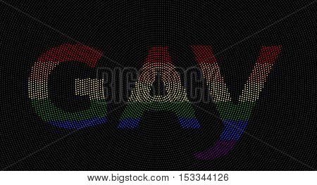 GAY letters radial dot pattern. In a field of gray dots the word GAY is written in the six rainbow colors of the lgbt flag and movement. Illustration on black background.