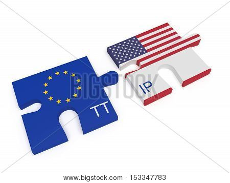 TTIP: EU and US Flag Puzzle Pieces 3d illustration