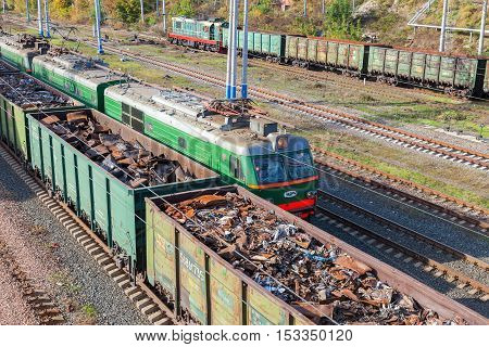 SAMARA RUSSIA - OCTOBER 8 2016: The railway freight wagons. Trains of the Russian Railways company (RZhD)