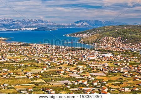 Aerial panorama of Trogir and Kastela bay Dalmatia Croatia
