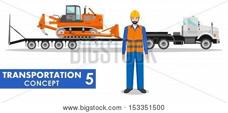 Detailed illustration of auto transporter, dozer and worker on white background in flat style.