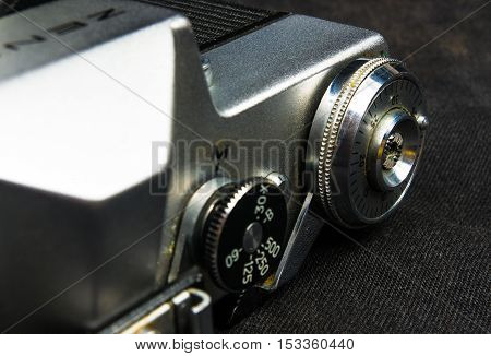 DONETSK, UKRAINE - May 07, 2016: old soviet film SLR camera Zenit - B with lens Jupiter-11, for use with 35 mm film, made in USSR in 1968 - 1973, manufactured by KMZ, with original leather case