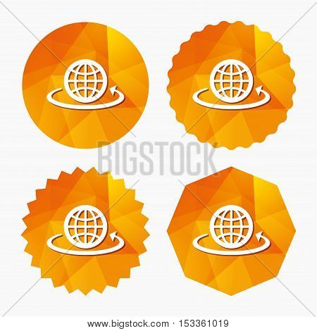 Globe sign icon. Round the world arrow symbol. Full rotation. Triangular low poly buttons with flat icon. Vector
