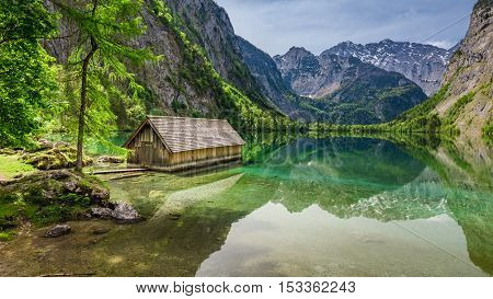 Beautiful View Of A Small Cottage On The Lake Obersee In Alps, Germany