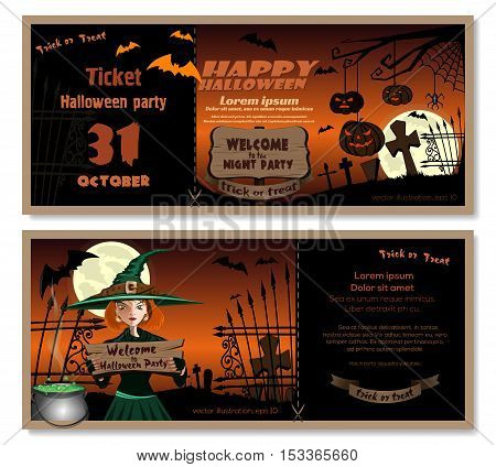 Halloween design. Template flyer invitation for Halloween night party. Cute young witch in a magic hat in the cemetery. Vector illustration