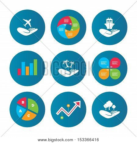 Business pie chart. Growth curve. Presentation buttons. Helping hands icons. Travel flight or shipping insurance symbol. Palm tree sign. Save nature forest. Data analysis. Vector