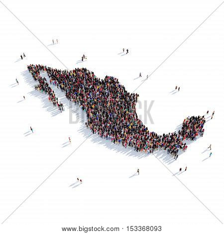 Large and creative group of people gathered together in the form of a map Mexico, a map of the world. 3D illustration, isolated against a white background. 3D-rendering.