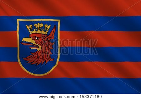 Flag of Szczecin is the capital city of the West Pomeranian Voivodeship in Poland. 3d illustration