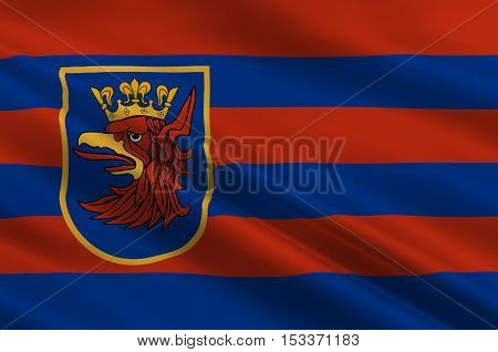 Flag of Szczecin is the capital city of the West Pomeranian Voivodeship in Poland. 3d illustration