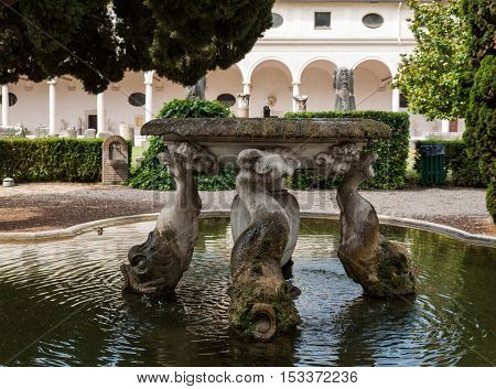 ROME ITALY - JUNE 12 2015: Fountain in the baths of Diocletian (Thermae Diocletiani) in Rome. Italy