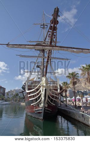 ALICANTE SPAIN - AUGUST 31: replica of spanish warship santisima trinidad anchored in alicante harbor actually used as restaurant. Picture taken on August 31 2016 in alicante spain.