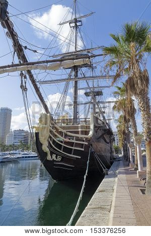 ALICANTE SPAIN - AUGUST 31: replica of spanish warship santisima trinidad anchored in alicante harbor actually used as restaurant. Picture taken on August 31 2016 in alicante spain.
