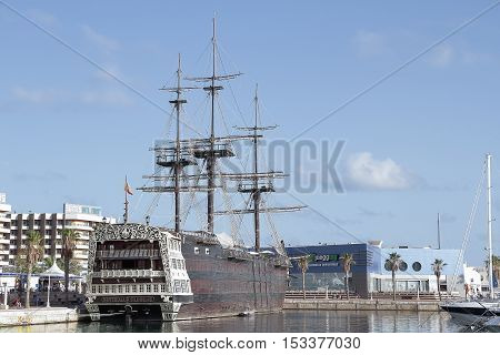 ALICANTE SPAIN - AUGUST 31: replica of spanish warship santisima trinidad anchored in alicante harbor actually used as restaurant. Picture taken on August 31 2016 in alicante spain.