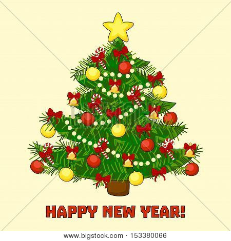 Christmascard with tree and Happy New Year text. Vector illustration.