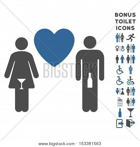 Drunky Love Pair icon and bonus gentleman and female lavatory symbols. Vector illustration style is flat iconic bicolor symbols, cobalt and gray colors, white background.