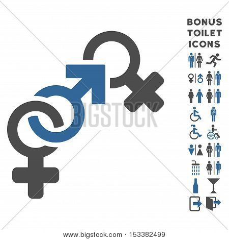 Faith Breach icon and bonus male and woman restroom symbols. Vector illustration style is flat iconic bicolor symbols, cobalt and gray colors, white background.
