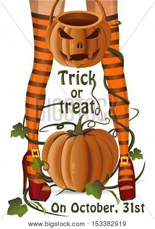 Halloween design. Closeup sexy witch legs on a background of pumpkin. Jack-o'-lantern bag for candy on Halloween. Trick or treat. Colorful illustration for Halloween