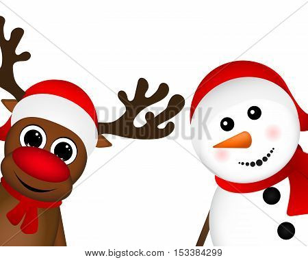 Snowman and Reindeer peeking sideways on a white background