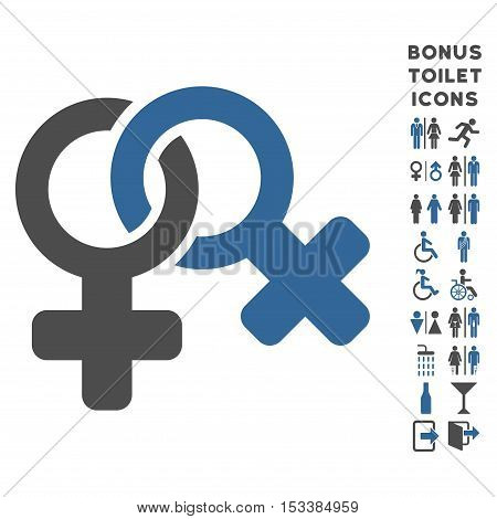 Lesbi Symbol icon and bonus male and female lavatory symbols. Vector illustration style is flat iconic bicolor symbols, cobalt and gray colors, white background.