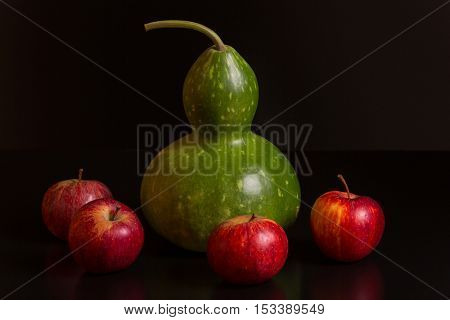 gourd and apples on a dark background, studio picture