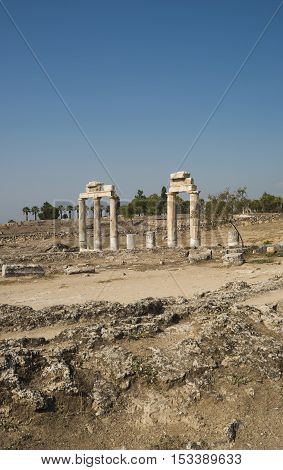 Hierapolis City Ruins. The ruins of the ancient city of Hierapolis is located adjacent to the hot springs of Pamukkale in Turkey. The site is a UNESCO world heritage site.