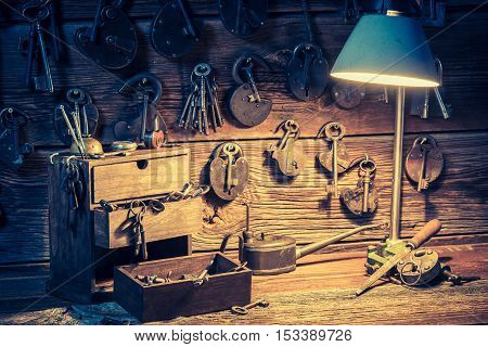Tools, Locks And Keys In Small Locksmiths Workshop