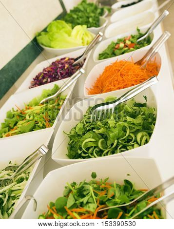 Close-up, soft focus salad bar with a variety of fresh vegetables. Colorful organic raw slice of lettuce, carrots, rukula, cucumber and pecans. Healthy eating food. (selective focus)