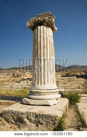 Hierapolis City Ruins. The ruins of the ancient city of Hierapolis is located adjacent to the hot springs of Pamukkale in Turkey. The site is a UNESCO world heritage site.