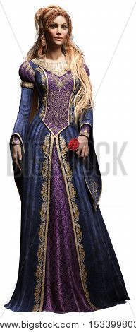 Princess in gown holding rose 3D illustration