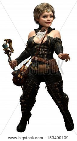 Halfling wizard holding a wand 3D illustration