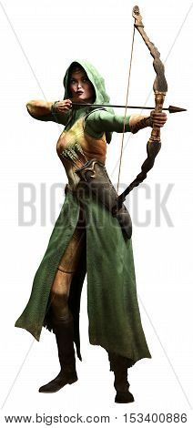 Elf ranger aiming a bow 3D illustration