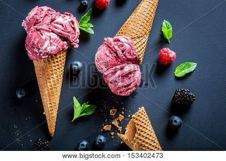 Sweet Ice Cream With Berry Fruits In Waffels