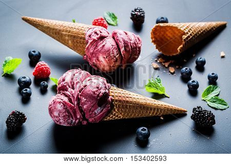 Sweet Berry Fruits Ice Cream In Waffels