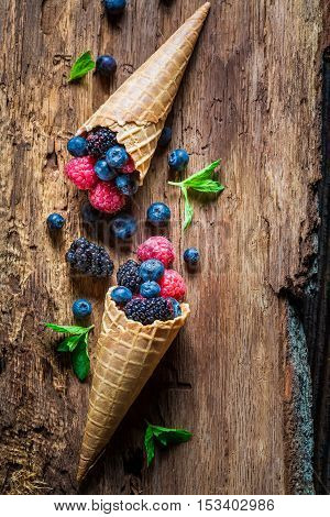 Tasty Ice Cream With Berry Fruits In Waffels As Concept