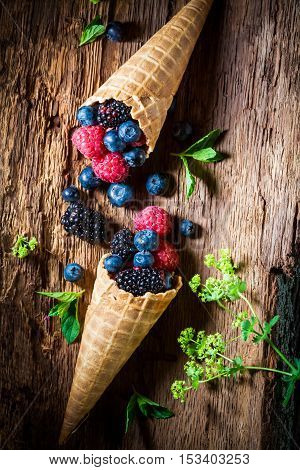 Homemade Ice Cream With Berry Fruits In Waffels As Concept