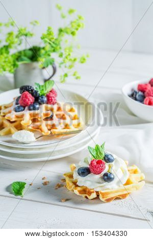 Sweet Waffels With Berry Fruits And Whipped Cream
