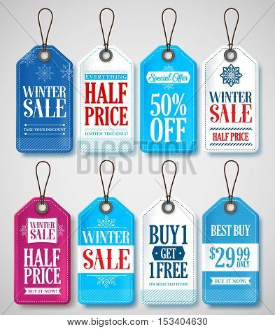 Winter Sale Tags Set for Season Store Promotions with Labels Hanging in Background with Blue and White Colors. Vector Illustration.