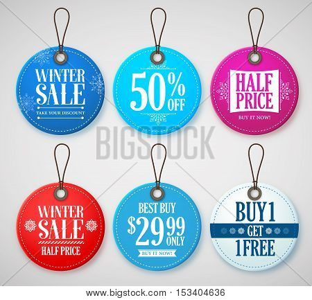 Winter Sale Tags Set for Season Store Promotions with Labels in Circle Shape with Blue, Red and White Colors. Vector Illustration.