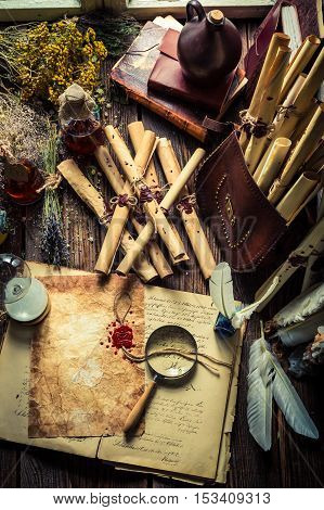 Scribe And Witcher Workshop With Scrolls And Ingredients